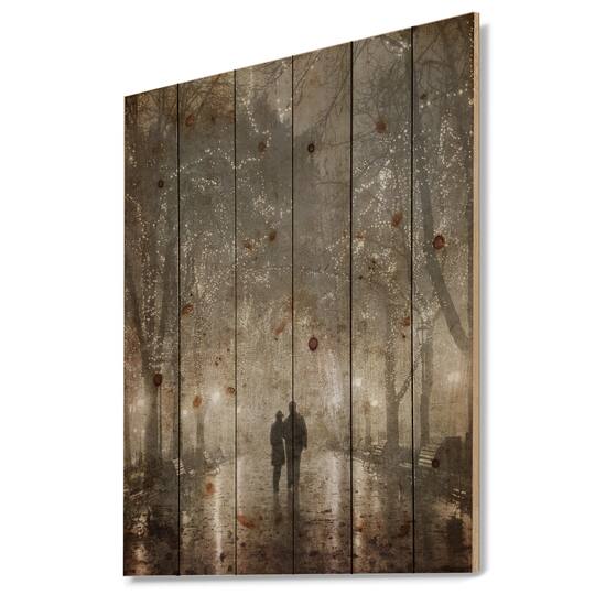 Designart - Couple Walking in Night Lights - Landscape Photography Print on Natural Pine Wood